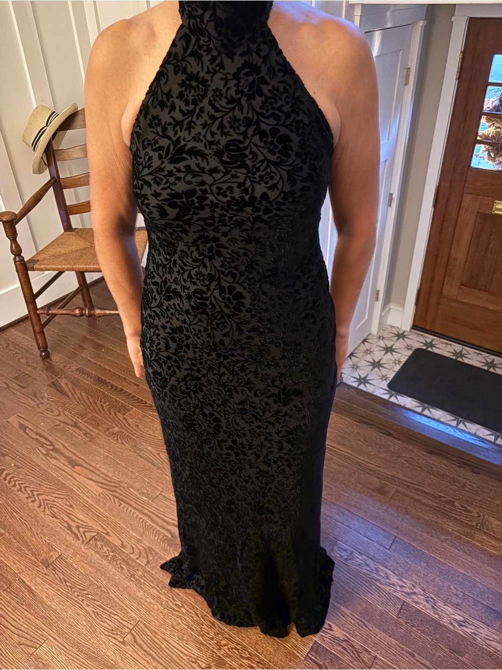 Vintage Ralph Lauren Black Floral Devore Halter Maxi Dress with Short Back Train